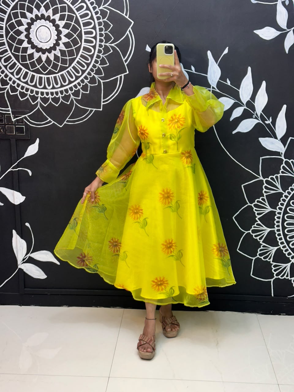 Sunflower- Premium Organza Floral Print with Satin Dress